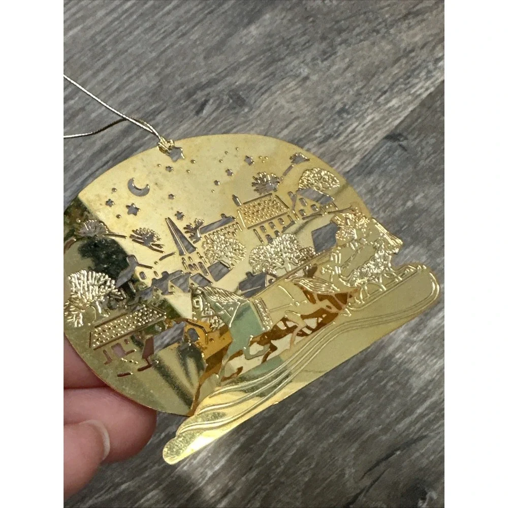 Hallmark 1982 3D Brass Sleigh Ride Gold Tone Christmas Ornament